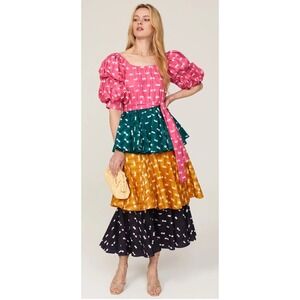 Busayo x RTR Tiered Polka Dot Midi Dress Colorblock Puff Sleeve Large
